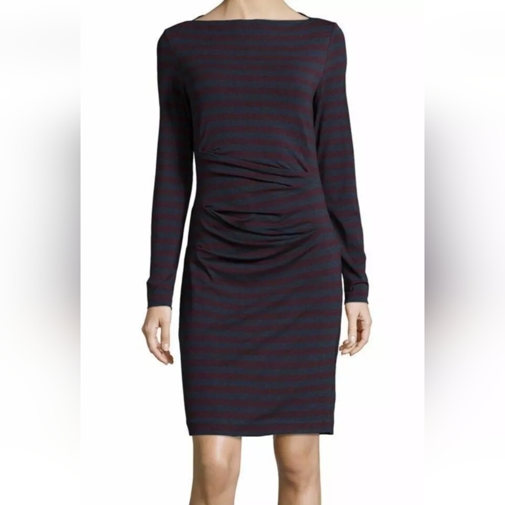 Nicole Miller Artelier Womens XS Quinn Bateau Neck Striped Tucked Jersey Dress